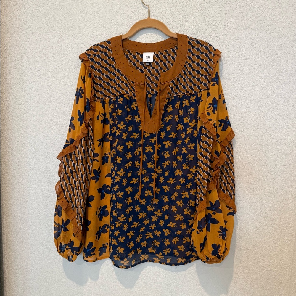 CAbi Floral Blouse - Navy and Mustard